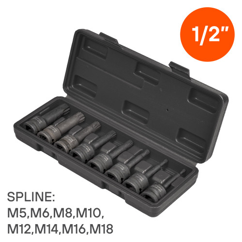 Набор головок ударных 1/2"DR L=78мм внешний SPLINE, 8пр. (M5-M18) пласт.кейс