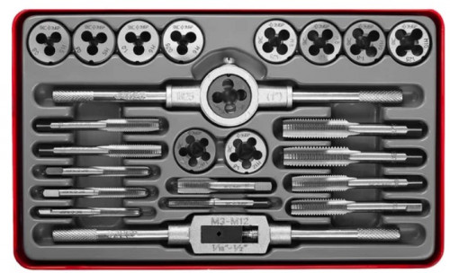 Метчики и плашки, набор 24пр. (M5-M12;1/8-27"), сталь 9ХС, металл. кейс