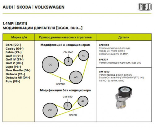 Ролик приводного ремня для автомобилей Skoda Octavia (96-)/VW Golf IV (97-) 1.4i/1.6i AC- (с натяжным механизмом) h=26