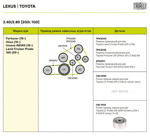 Ролик приводного ремня для автомобилей Toyota Camry (06-)/Land Cruiser Prado (02-)/Land Cruiser Prado (09-)/Highlander (08-) 2.7i/2.8d/3.5i/4.0i [TR; RZ; GD; GR] (опорный) h=33 (CM 1905)