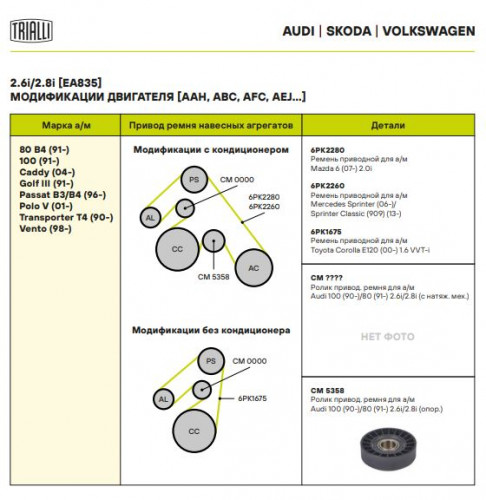 Ролик привод. ремня для автомобилей Audi 100 (90-)/80 (91-) 2.6i/2.8i (опор.) (CM 5358)