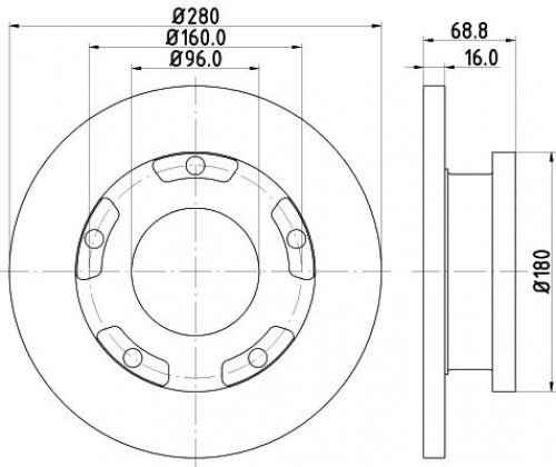 Диски тормозные для автомобилей Ford Transit (06-) задний d=280; thk=16; PCD-5/160 окрашенный с кольцом ABS