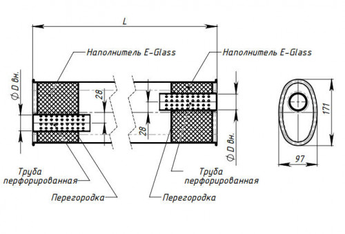Глушитель универсальный (овальный) 97х171, L=330, d=50, смещение 28 мм (алюминизированная сталь)