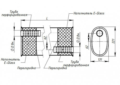 Глушитель универсальный (овальный) 131х221, L=380, d=50, смещение 62 мм (алюминизированная сталь)